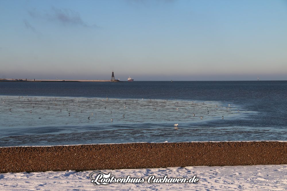 Cuxhaven Grimmershörnbucht, Schnee, Wasser, Vögel, blauer Himmel